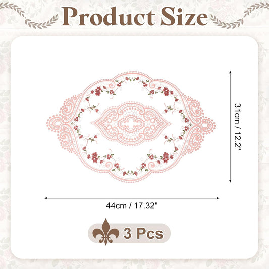 uxcell 3 Pcs Lace Placemats, 12x17-in Vintage Table Doilies Oval Embroidered Crochet Lace Dolly Cup Mat for Table Vase Home Decor, Pink