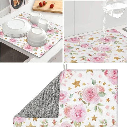 Pink Rose Gold Stars Dish Drying Mat For Kitchen Counter Watercolor Floral Dry Mats Microfiber Dish Drainer Mat Protector Pad Absorbent Fast Drying Kitchen Must-Have 16x18 Inch