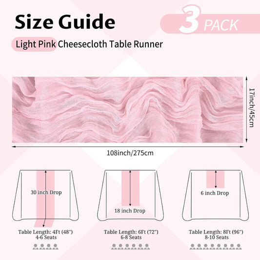 3 Pack Light Pink Table Runner 17x108 Inch Cheesecloth Table Runner Boho Gauze Table Runners Romantic Rustic Sheer Fabric Cheese Cloth Table Runners for Wedding Party Baby Shower Birthday Home Decor