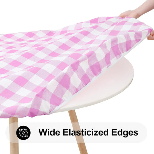 Smiry Round Picnic Tablecloth, Elastic Waterproof Fitted Vinyl Tablecloths for 36"-44" Tables, Flannel Backed Buffalo Plaid Table Cover for Dining, Camping, Outdoor, White and Pink