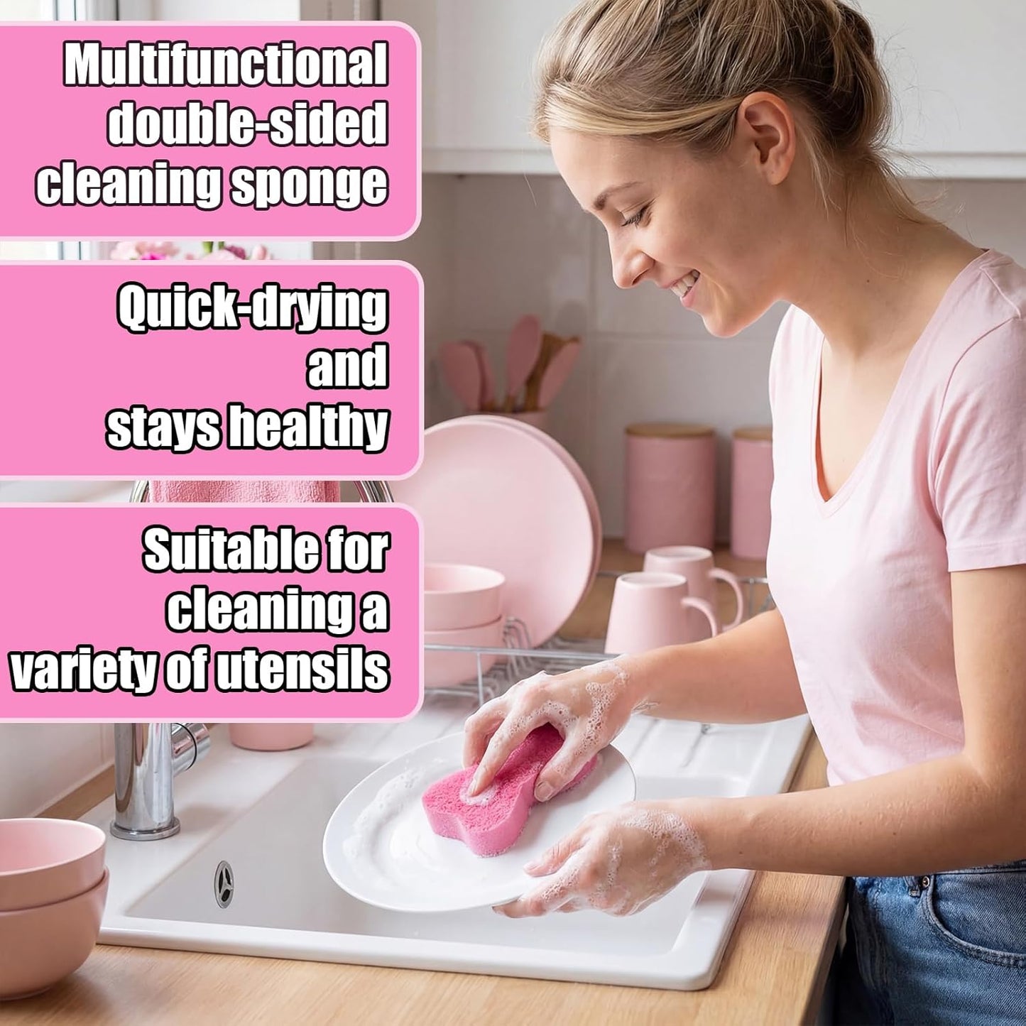 Tioncy 12 Pack Pink Bow Sponges Bulk Preppy Dual Sided Scrubber Cute Pink Bow Sponges Reuseble Non Scratch Dishwashing Kitchen Cleaning Accessories for Cookware Pot Boiler Pan Household