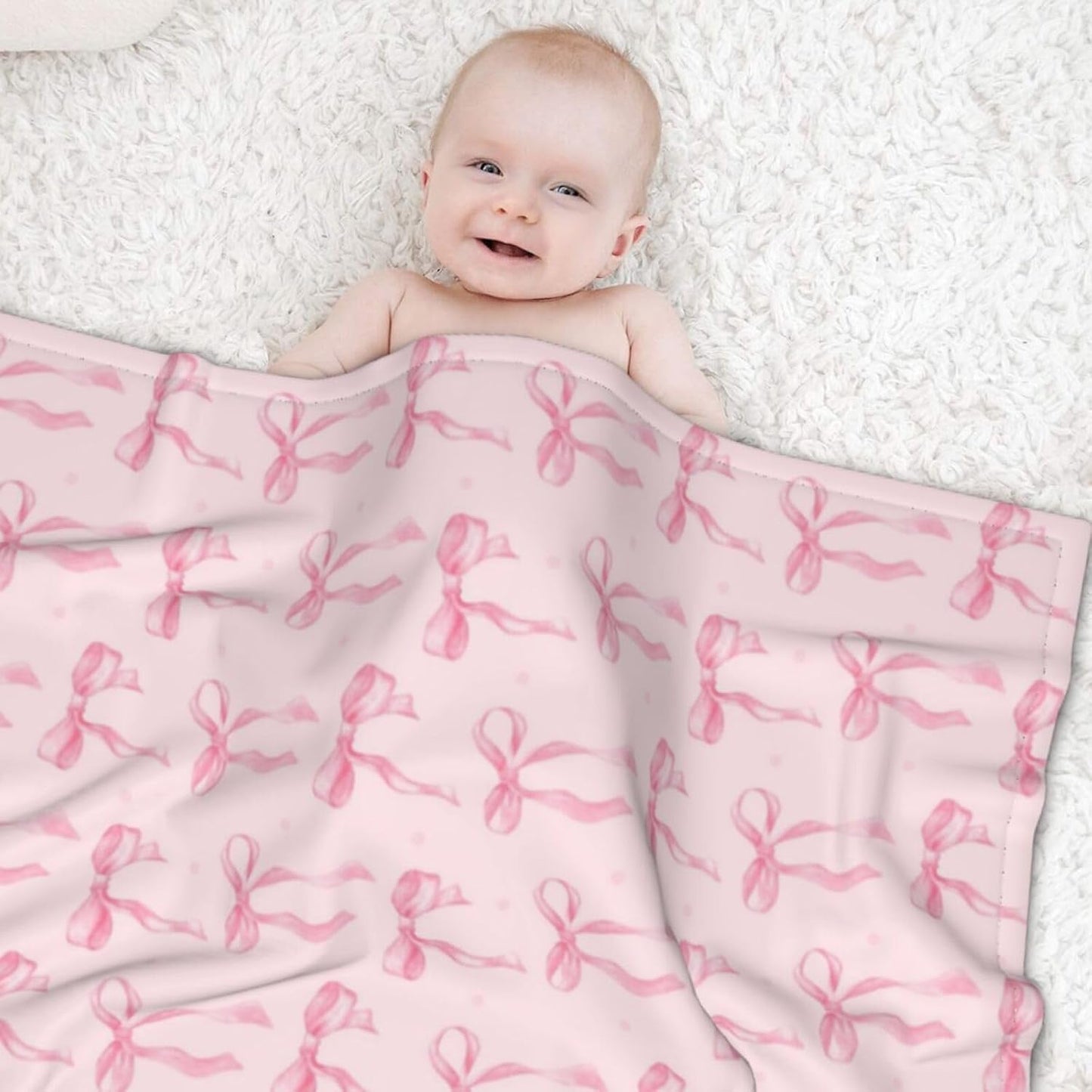 Cute Pink Throw Blanket Pink Ribbon Bow Soft Cozy Flannel Fleece Blanket Fuzzy Bedding for Couch Sofa Chair Bed Living Room Bedroom Decor All Seasons Valentine's Day Birthday Gift Women Girl,40"X30"