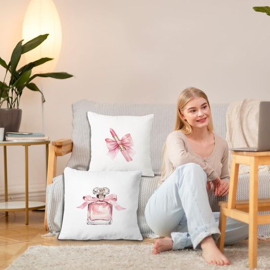 JINYO Coquette Pink Bow Lipstick Perfume Pillow Covers 18x18 Inch Set of 2, Preppy Girly Pink Throw Pillow Cases Decorative for Girls Room Bedroom Home
