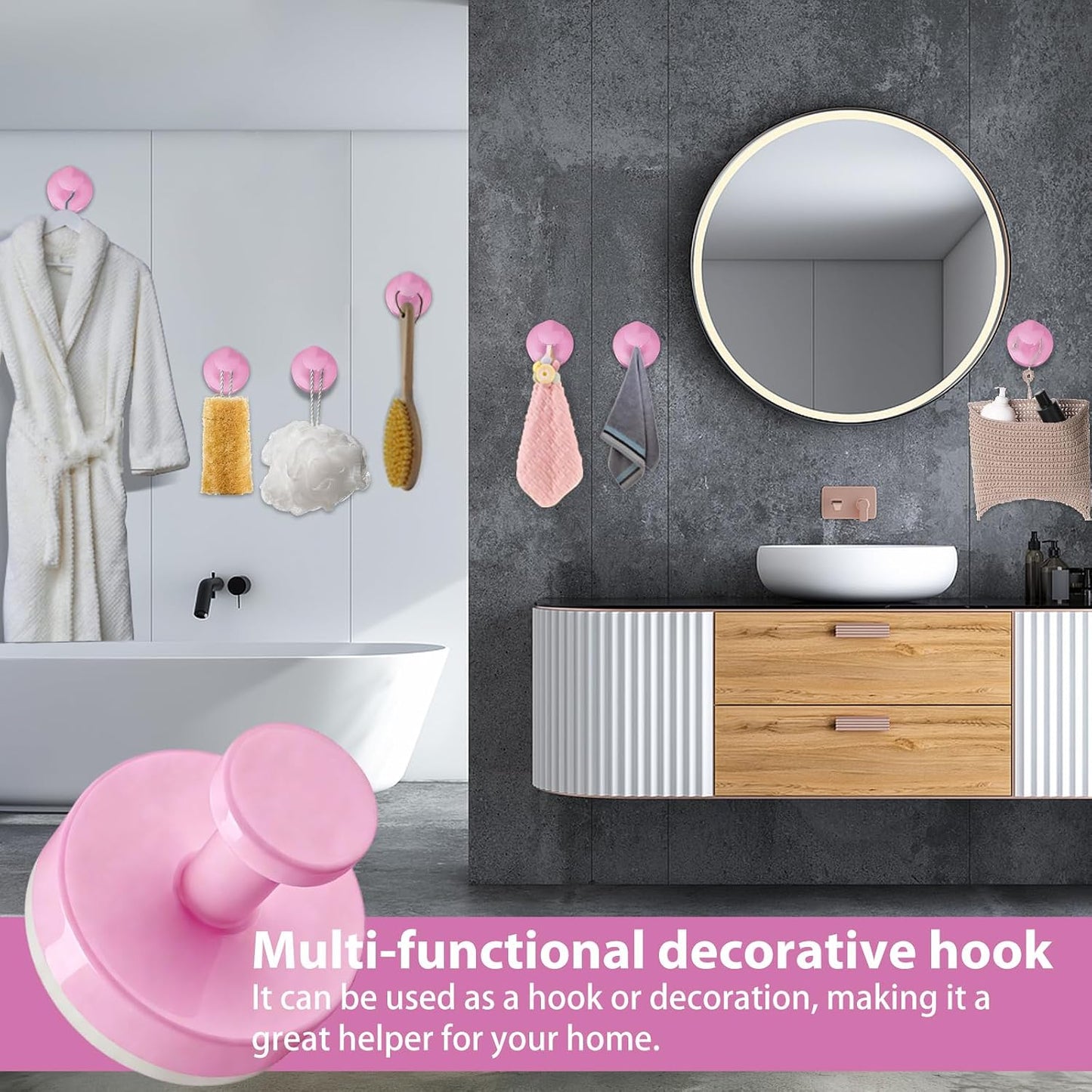 Suction Cup Hooks for Shower, 2 PCS No-Drill Towel Holder for Bathrooms Wall, Glass Door, Mirror, Tiles, Kitchen, Hold Robe & Wreath, Hanging up to 15 lbs – Waterproof & Rustproof, Pink
