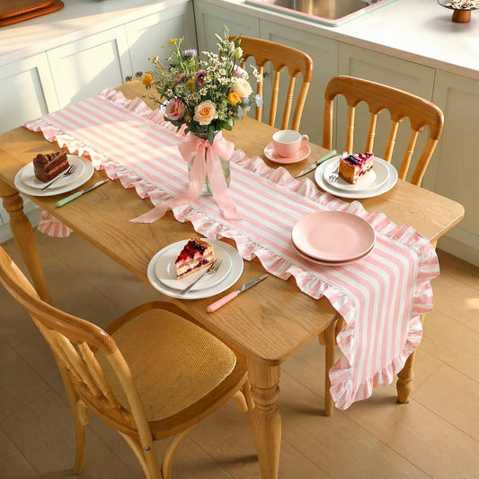 Tegeme Pink and White Stripe Ruffle Table Runner 100% Cotton Scalloped Table Runner for Home Dinner Birthday Party Decoration Baby Shower Dining Room Kitchen Decor (13"x72")
