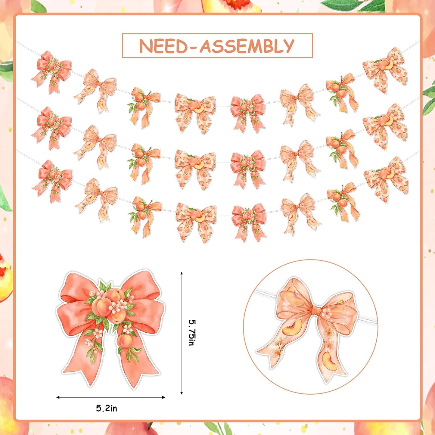 TWO WILD Bow Peach Party Decorations Garland Set for Girls Birthday Party or Baby Shower Decor, 3pcs Fruits Theme Hanging Banner for Entryway, Dessert Table, Photo Wall Decor Display Area