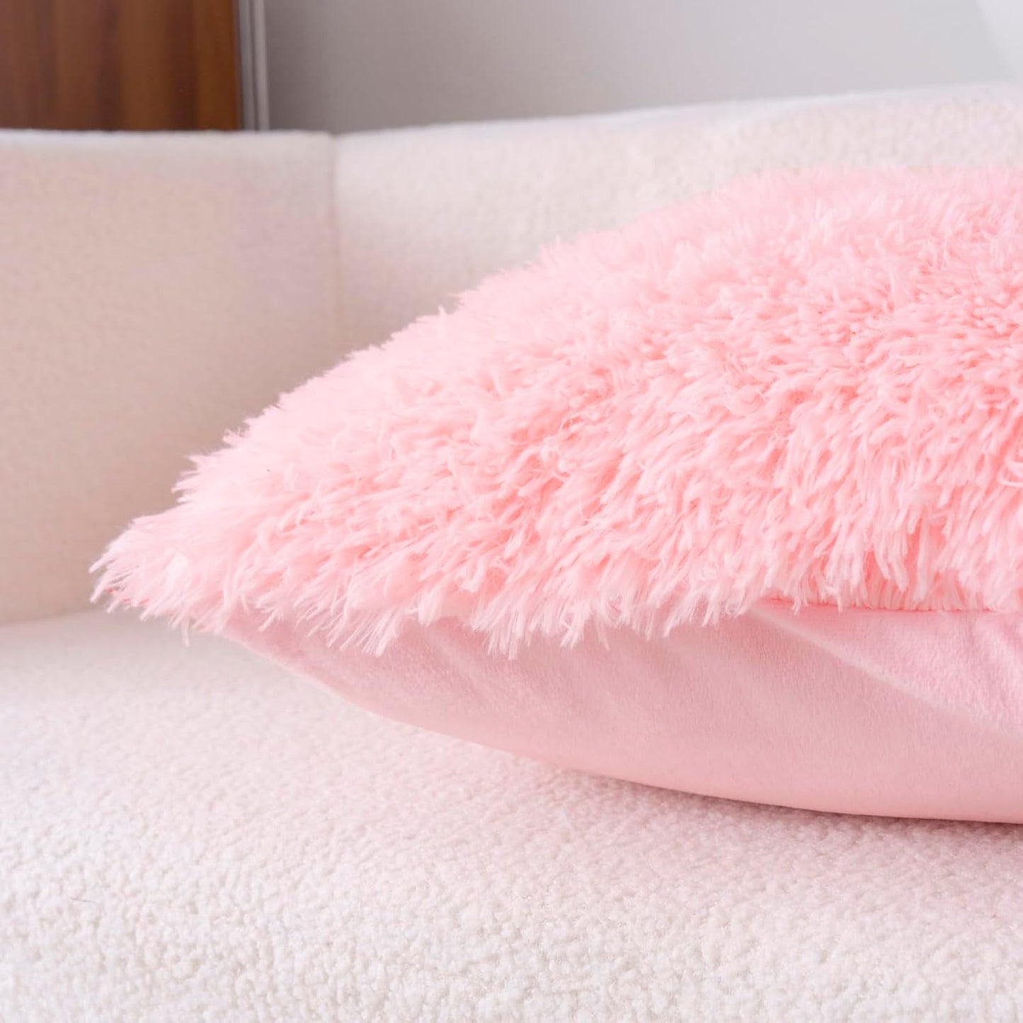 Faux Fur Pink Throw Pillow Covers, Fluffy Soft Fuzzy Decorative Pillow Cases Cute Pillowcases for Home Bedroom Living Room, Zipper Closure, Set of 2 (Pink, 18"x 18")