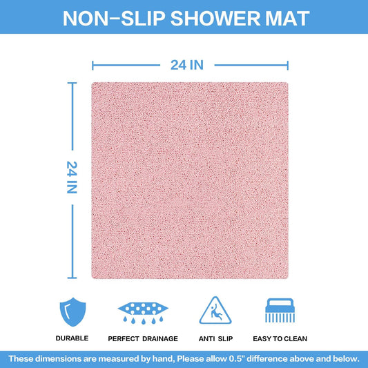 Square Non-Slip Shower Mat 24x24 Inches, Quick-Draining Bath Mat for Shower Floor, PVC Loofah Textured Shower Stall Mat, Secure Anti-Slip Bathroom Mat, Boho Style Bath Mat (Pink)