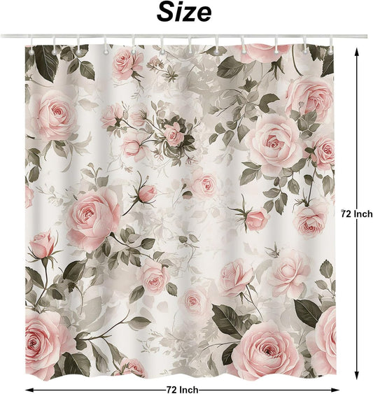 Moslion Pink Rose Flower Green Leaf Shower Curtain 72x72 Inch Bathroom Curtains Set Home Waterproof Polyester Fabric with Hooks