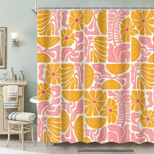 Boho Abstract Colorful Floral Shower Curtain, Vintage Retro Patchwork Orange Pink Flower Botanical Geometric Aesthetic Groovy Bathroom Decor Shower Curtain Set with 12 Hooks, 70X70IN