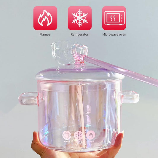 Heat Resistant Glass Pot, Clear Glassware Glass Pot, Glass Saucepan with Lid for Cooking Milk Pasta Soup, 1.9L, Borosilicate Glass, Translucent Pink