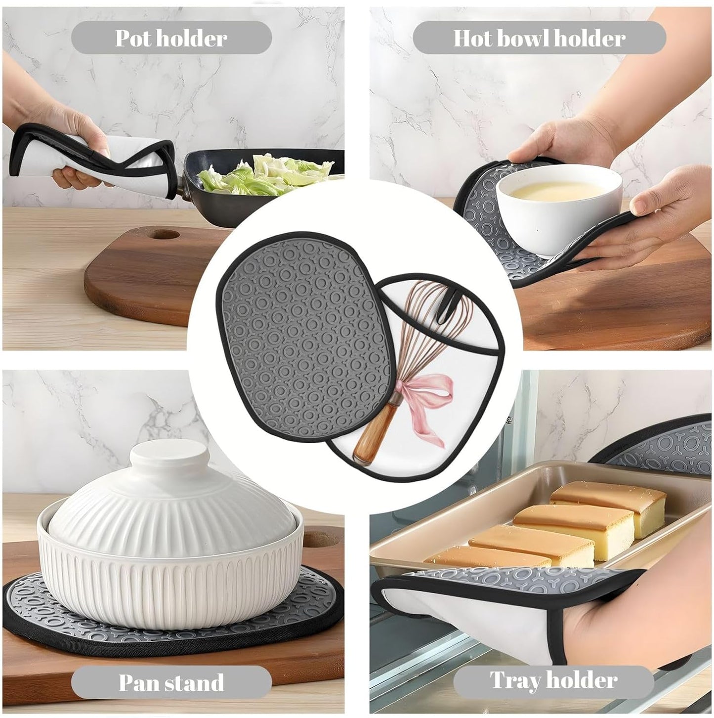 Watercolor Kitchen Whisk with Light Pink Bow Silicone Pot Holders,2pcs, Heat Resistant Oven Mitts Large Potholders for Kitchen Cooking Baking Hot Pads