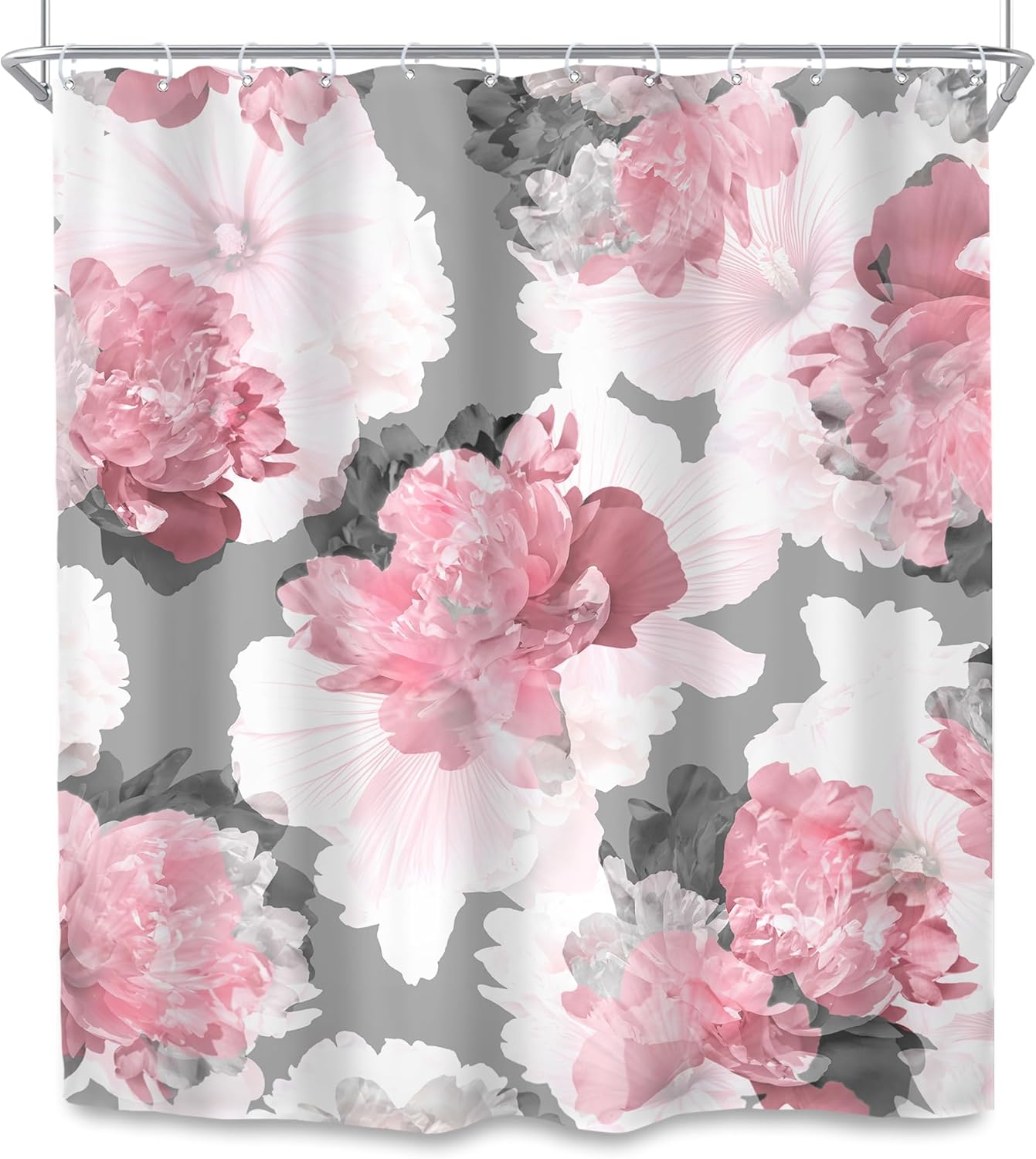 SVBright Pink Gray Flower Shower Curtain, Peony Floral Spring Watercolor Shower Curtain Woman Rose Nature Abstract Modern 60Wx72L Inch 12 Pack Hooks Polyester Waterproof Fabric Bathroom Panels
