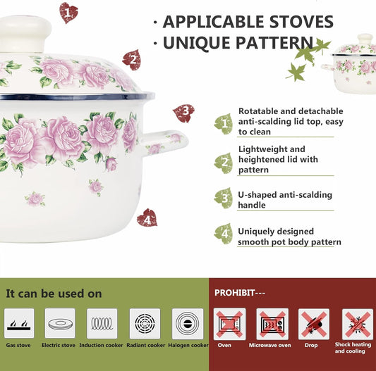 Retro Flower Enamel Stockpot with Lid,Stockpots for Cooking (Rose pink -3QT)