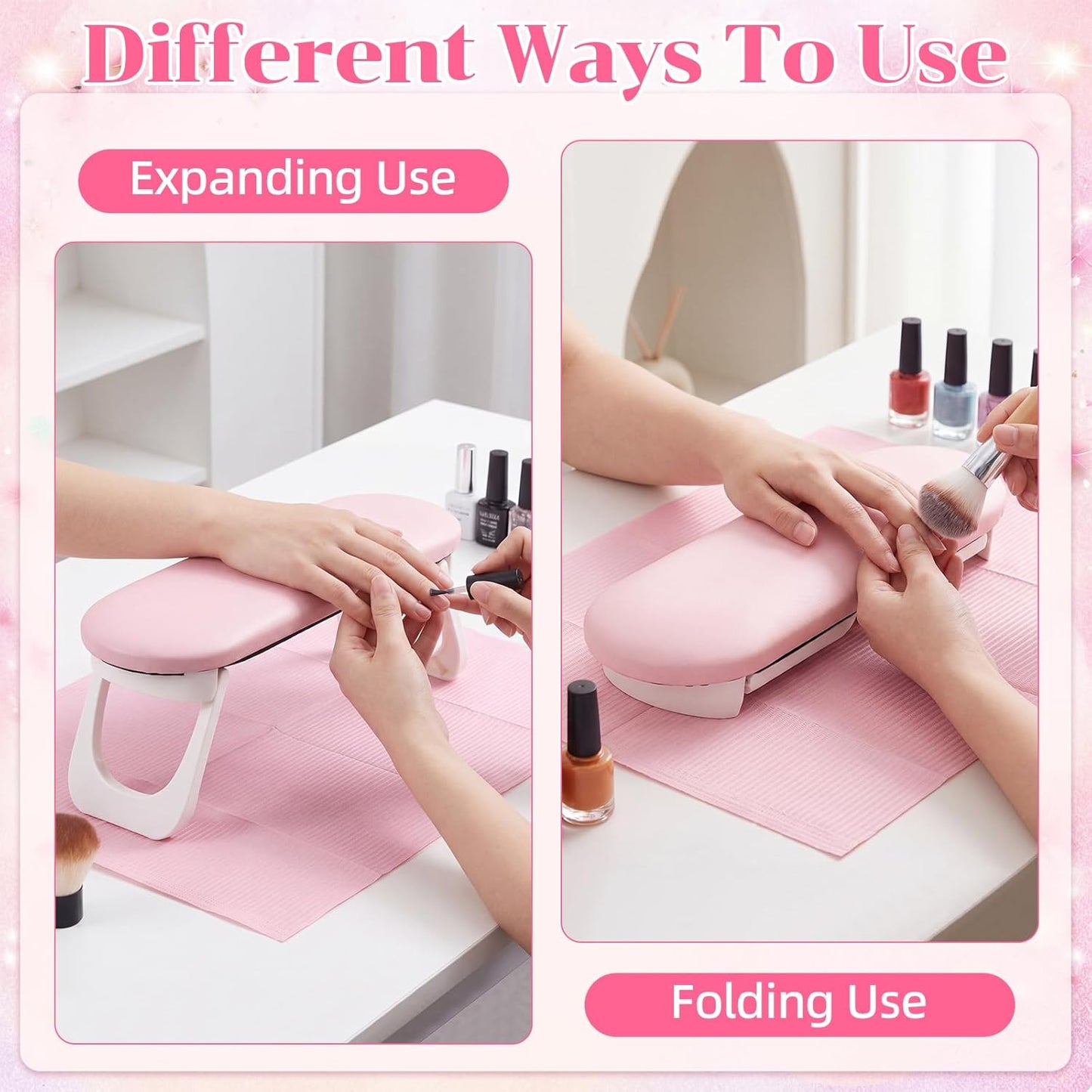Novabright Nail Arm Rest with 50 Disposable Manicure Mats, Foldable PU Leather Hand Cushion and 3-Ply Absorbent Table Pads with PE Backing, Nail Tech Supplies for Salon Desk(Pink)