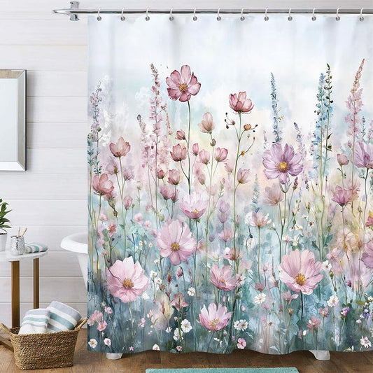 Pink Floral Shower Curtain, Watercolor Flower Plants Leaves Art Shower Curtains for Bathroom Sets Decor, Polyester Cloth Fabric with 12 Hooks,72x72 Inch