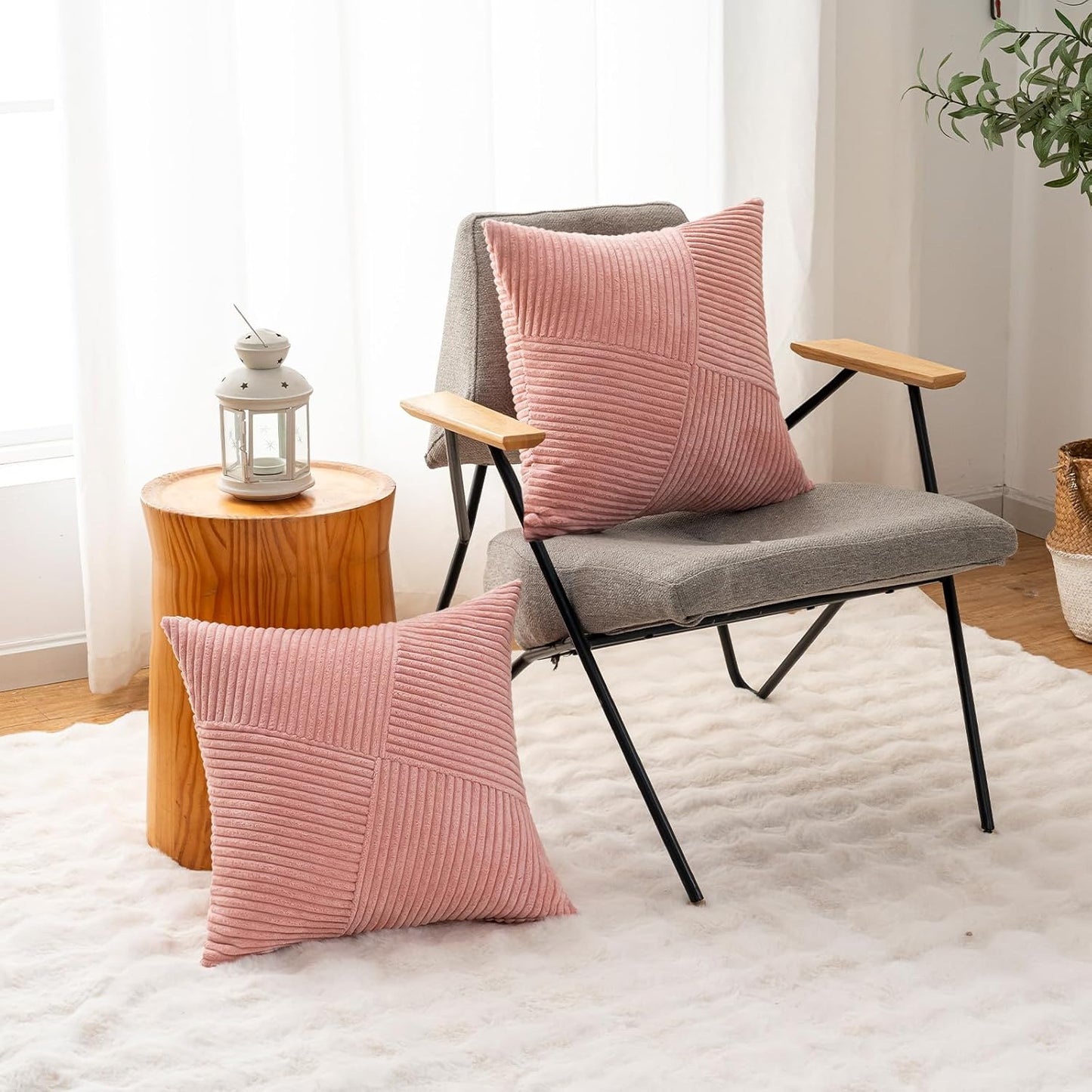 Decorative Throw Pillow Covers20x20 Inch Set of 2 for Boho Living Room Farmhouse Home Decor, Spring Pillow Covers for Couch Bed, Soft Corduroy Striped Patchwork Cushion Cases, Blush Pink