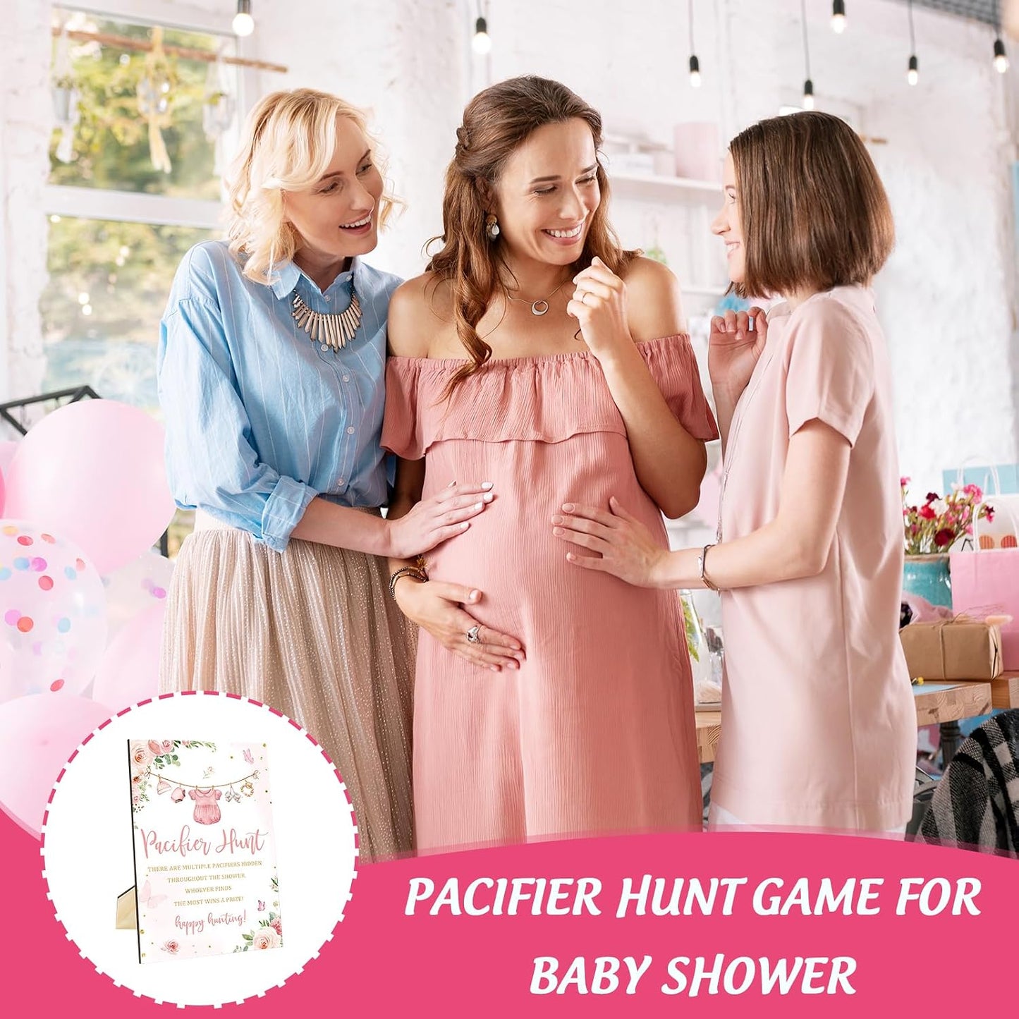 Whaline 51 Pcs Pacifier Hunt Baby Shower Game Include Pink Watercolor Flower Clothes Wooden Sign 50 Pink Plastic Pacifier for Girls Gender Reveal Party Favor Gift Supplies