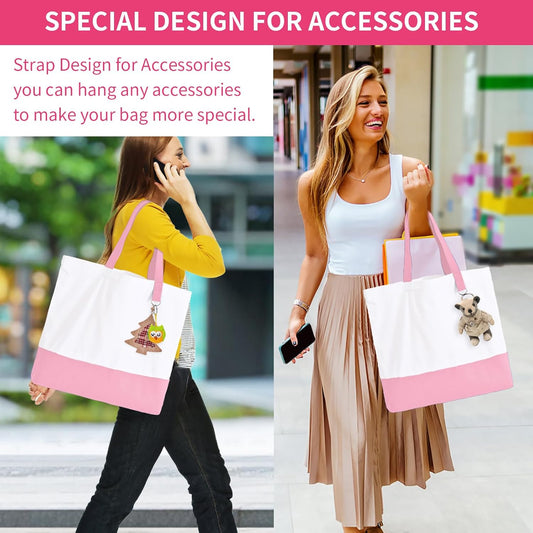 6 Pack Canvas Tote Bags with Zipper, Blank Reusable Grocery Bags, Widened Washable Bag with Inner Pocket, Shopping Travel Large Tote Bags for DIY Heat Transfer, Christmas Craft Gift (Pink/White)