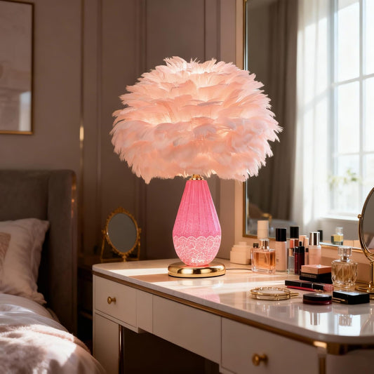 Pink Feather Lamp with Cracked Ice Glass Bottle & Gold Base, Dual Light 3 Color Modes Separate Control Bedside Office Lamp (Pink)