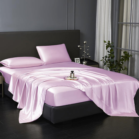 Revdomfly 4 Pcs Queen Size Luxury Silky Soft Pink Satin Sheet Set,1 Premium Moisture Wicking Fitted Sheet Fits Up to 16 Inches Deep Pocket + 1 Flat Sheet + 2 Pillowcases(Pink, Queen)