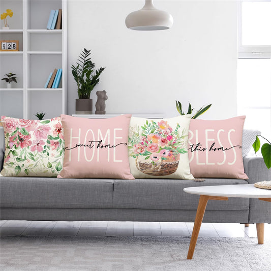 Spring Summer Pillow Covers 18x18 Floral Spring Summer Decorations Home Sweet Home Pink Throw Pillow Covers Bless This Home Farmhouse Cushion Case for Sofa Couch Set of 4