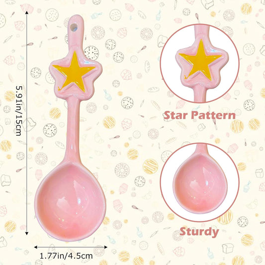Cute Star Ceramic Spoons – Pink Moon Ladle & Stirring Spoon – Kawaii Magical Girl Style Kitchen Utensils