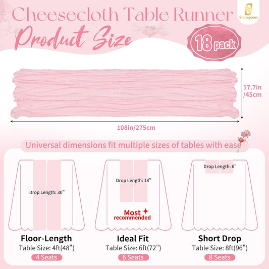 18 Pack Light Pink Cheesecloth Table Runner 17 x 108 inch Boho Gauze Table Runner Rustic Sheer Cheese Cloth Table Decorations for Wedding Party Baby Bridal Shower Birthday Holiday Home