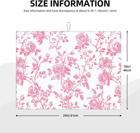Pink Floral Rose Toile Pattern Dish Drying Mat For Kitchen Counter, Drain Rack Mat Microfiber Quick Dry Dish Pad
