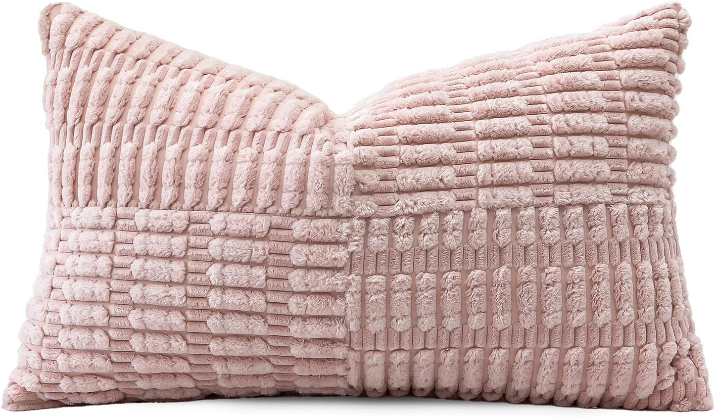 OTOSTAR Set of 1 Decorative Throw Pillow Cover Soft Corduroy Solid Lumbar Pillow Case Boho Striped Cross Patchwork Textured Farmhouse Cushion Cover for Sofa Car Patio Bed Living Room 12x20 Inch, Pink