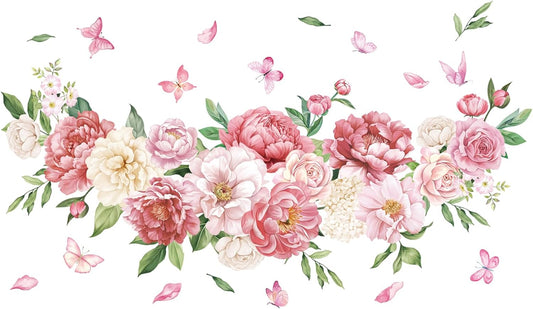 Peony Watercolor Wall Stickers Pink & White Floral Wall Decals Botanical Peel and Stick Wall Art Decor for Girls Bedroom Nursery