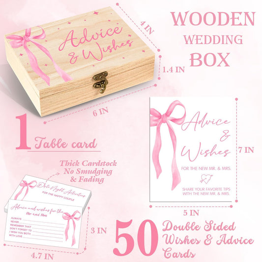 Advice And Wishes For The Mr And Mrs - 50 Pcs Pink Bow Wedding Advice Cards Box, Advices And Wishes Cards For Bride And Groom, Pink Bow Wedding Bridal Shower Decorations