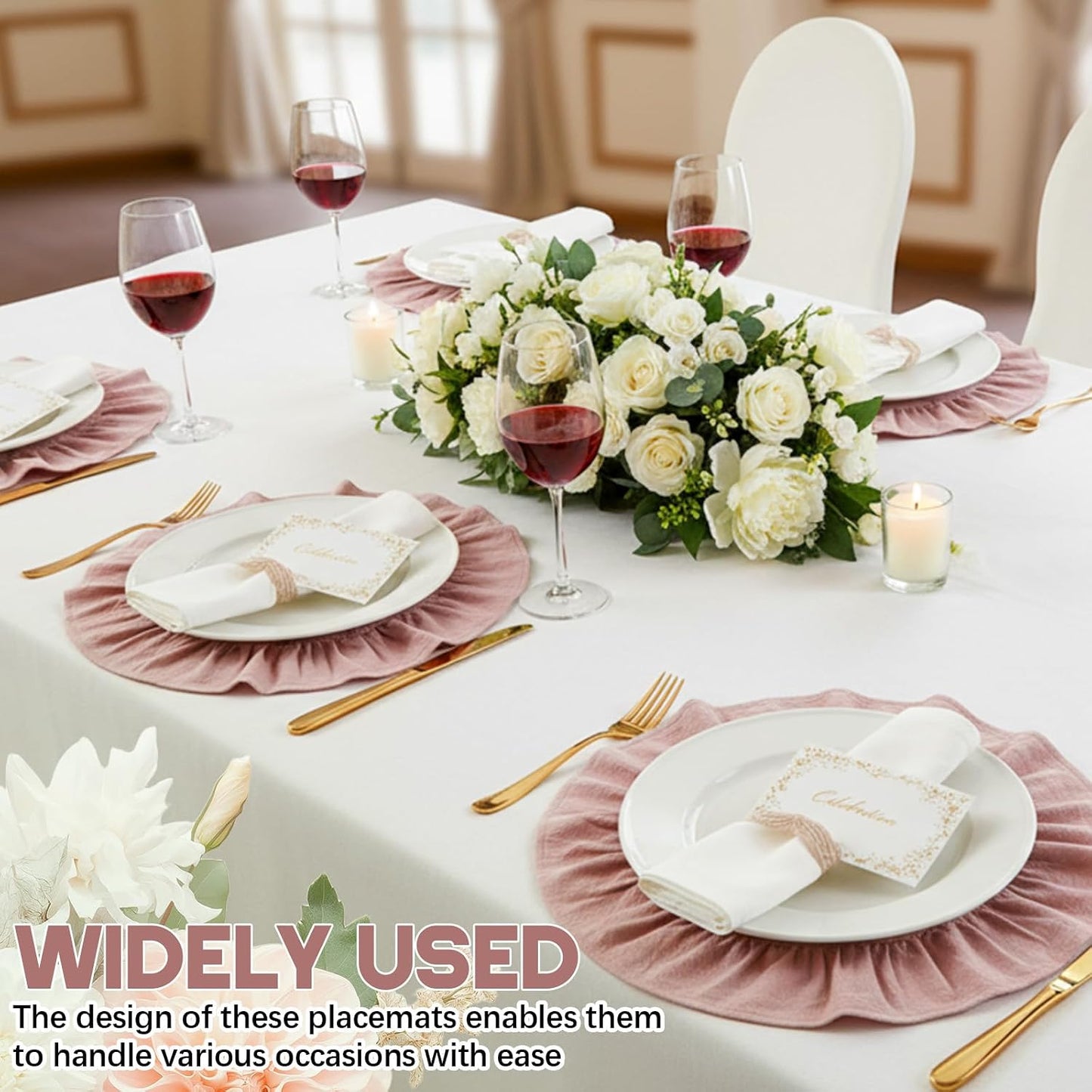 4 Pcs 15 Inch 100% Cotton Scalloped Round Placemats, Thin Pink Place Mats with Ruffle, Washable Placemats Table Mats for Kitchen Dining Holiday Gatherings Decor