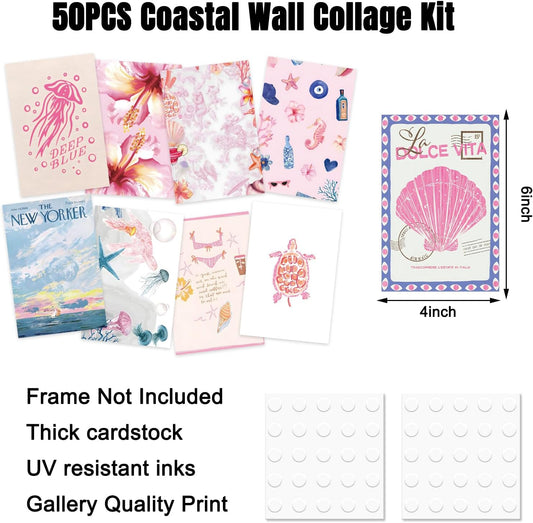 FYSUIMU 50Pcs Coastal Wall Collage Kit Pink Blue Coastal Beach Seashell Art Print Preppy Room Decor Aesthetic Pictures for Bedroom Wall Dorm Home Decor, 4 x 6 Inch