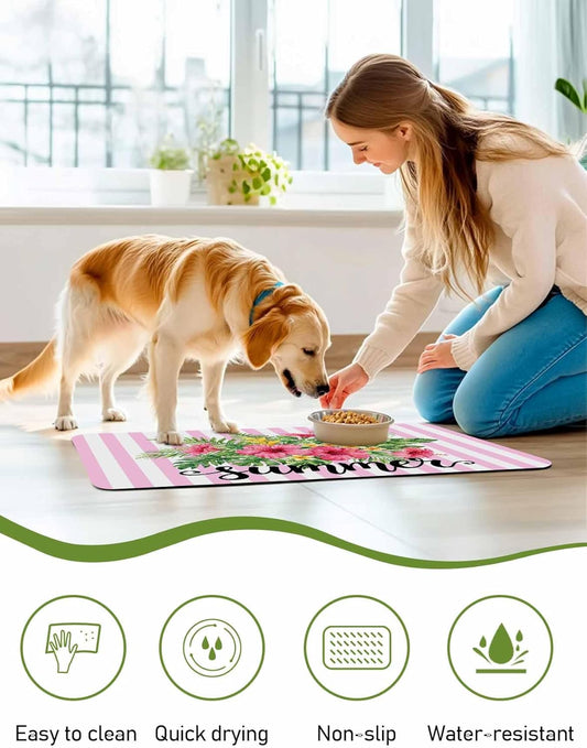 Summer Botanical Doormat Bath Mat Quick Dry Non Slip Rug with Rubber Tropical Plants Pink Stripe Water Absorbing Mat for Bathroom Kitchen Front Door Laundry Room 24" x 16"
