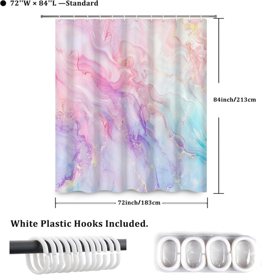 Colorful Marble Shower Curtain Modern Design Pink Purple Blue Curtain for Bathroom Gold Glitter Abstract Marble Shower Curtain with Hooks Waterproof Fabric Decor 72x84 Inch