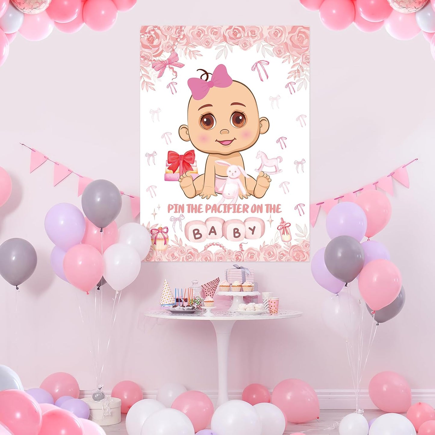 Pin The Pacifier On The Baby Party Games, Pink Baby Shower Decoration Bow Party Decorations with Large Poster 48 Pacifier Stickers Game for Baby Shower Party Bow Coquette Birthday Decorations