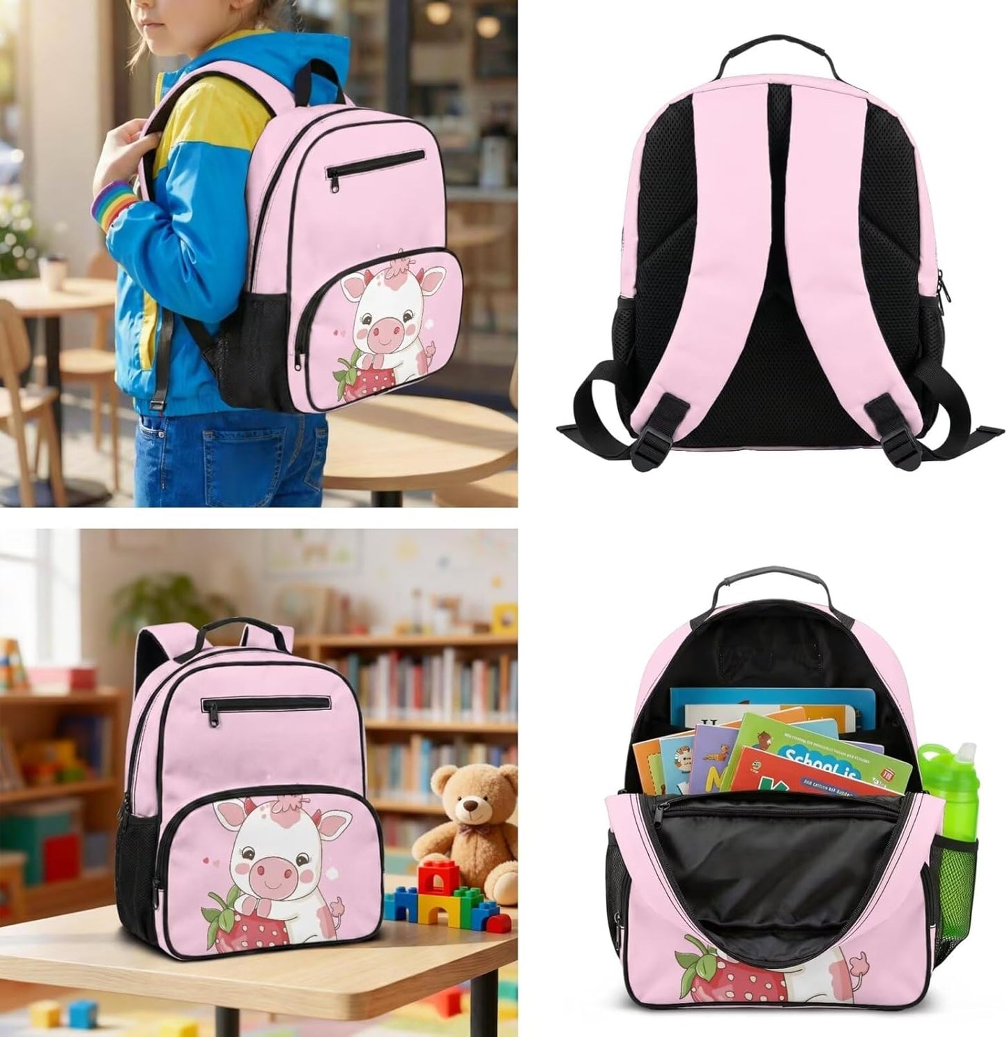 COEQINE Personalized Backpack with Lunch Box Kids Girls Cow Pink Strawberry Cute Bag for School Preschool Elementary Front Zip Pocket Holder Snacks Lightweight Bookbag Diaper Bag,13In