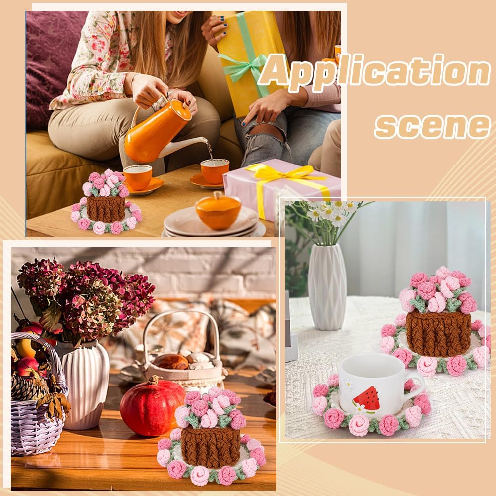 Handmade Flower Crochet Coaster Set Wool Yarn Hot Pads with Flower Basket Hand-Crocheted Rose Coaster Soft Decorative Drink Coasters for Coffee Tabletop Protection Home Decor Pearl Pink