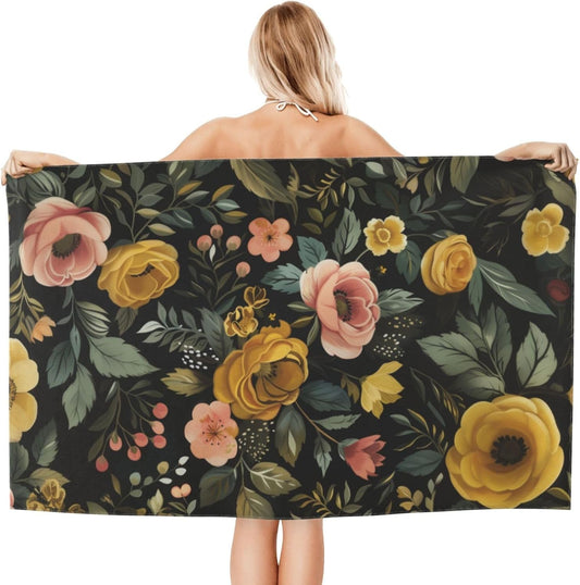 Vintage Floral Beach Towel, 32x52in Microfiber Quick Dry Yellow and Pink Flower Blossom Black Bath Towels, Soft Lightweight Oversized Sand Free, for Travel Pool Swimming Gym Decor, Gifts