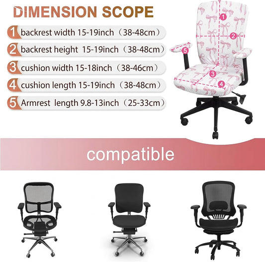 Suncalla 4 Pcs Pink Bow Printed Office Chair Covers Set Stretch Computer Universal Protective Stretchable Chair Seat Covers Washable Desk Armrest Slipcovers Pads Office Cushion Backrest for Rotating