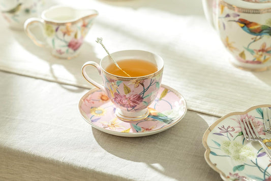 Grace Teaware 4 Assorted Color Spring Flowers with Hummingbird Fine Porcelain Tea Cup and Saucer Sets, Pink, Blue, Black and White