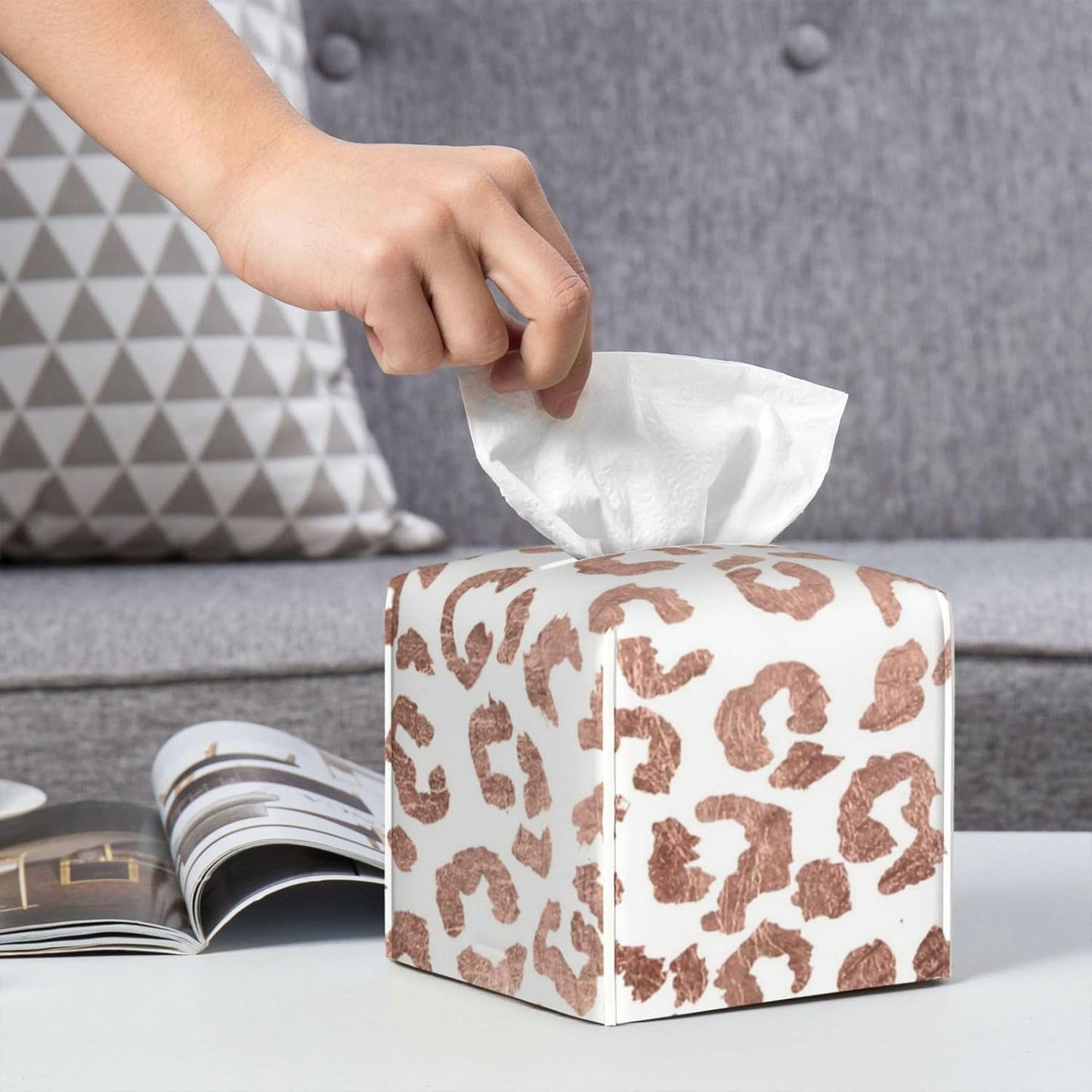 Tissue Box Cover Stylish Hand Drawn Rose Gold Leopard Print Modern PU Leather Square Tissue Box Holder - Decorative Organizer for Bathroom Vanity Countertop Night Stands Office Desk & Car