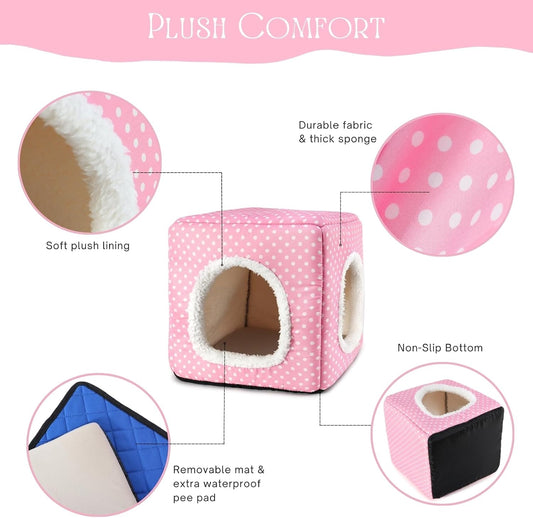 Guinea Pig Hideout with 2 Removable Mat, Two Entrances, Dwarf Rabbit Bed, Washable Bunny House, Small Pet Accessories Pink Dot