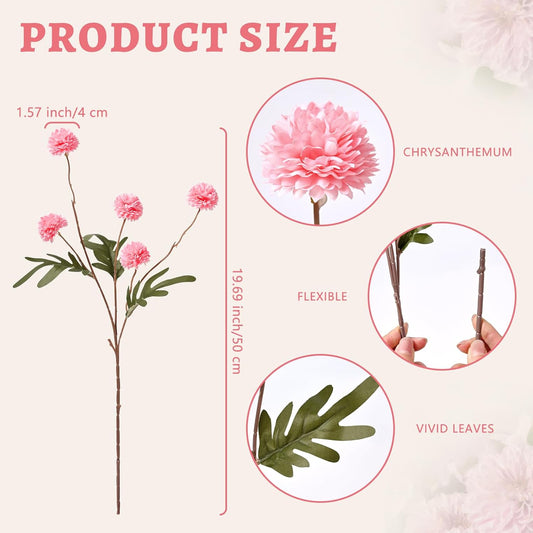 Waipfaru 10pcs Fake Flowers, Artificial Pompon Mums, Bulk Faux Chrysanthemums Flowers for Indoor Home Decorations, Boho Decor, Pink, No vase