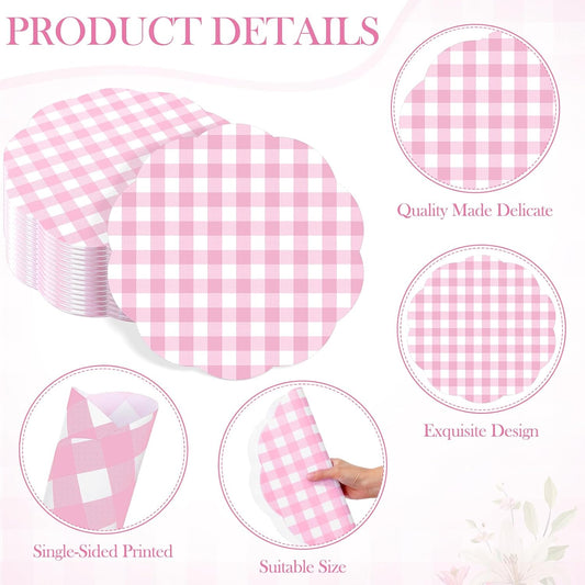 Tinlade 80 Pcs Pink Gingham Paper Placemats Disposable Scalloped Place Mats 13 Inch Buffalo Plaid Table Mats for Picnic Birthday Baby Shower Bridal Wedding Party