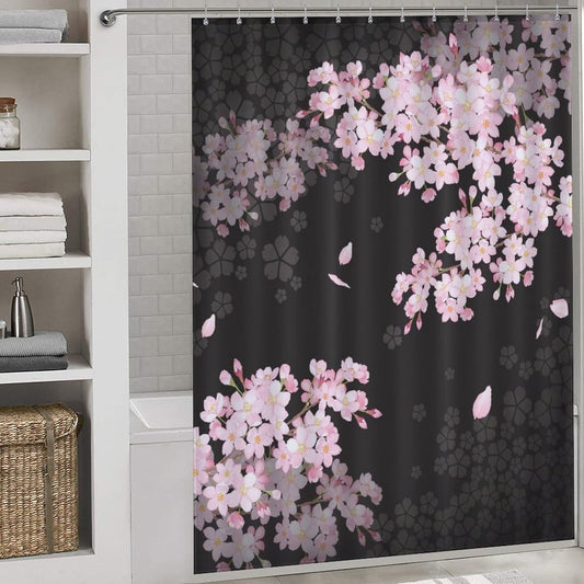 Cherry Blossom Shower Curtain for Bathroom, Asian Japanese Style Pink Floral Flower Plum Blossom Oriental Waterproof Fabric Shower Curtain Set with Hooks, 72"x78" Inch