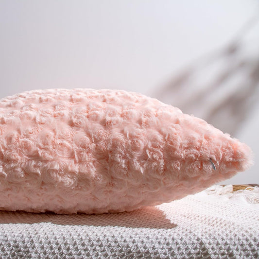 Peach Pink Square Throw Pillow with Insert โ 18"x18" Decorative Cushion โ 600g Faux Rabbit Fur + Plush 6D PP Cotton โ Cozy & Elegant Accent for Bed, Sofa, Chair