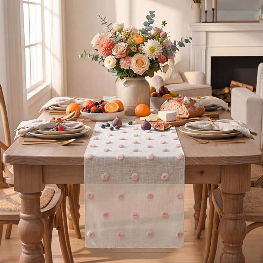 Artoid Mode Pink Pom Pom Tulle Table Runner, Seasonal Washable Kitchen Dining Table Decoration for Home Party Decor 12x72 Inch