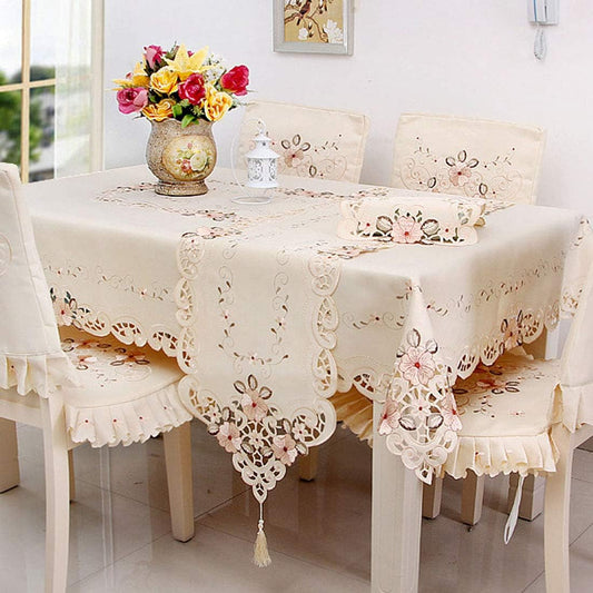 33 Inch X 57 Inch Vintage Embroidered Beige Pink Flower Classic Lace Oblong Tablecloth, Elegant Cabinet Dining Room Home Decoration Rectangle Table Cloth